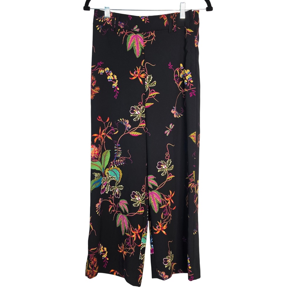 H&M Pants Women 6 Black Floral Tropical Wide Leg High Rise Trousers Vacay Beach